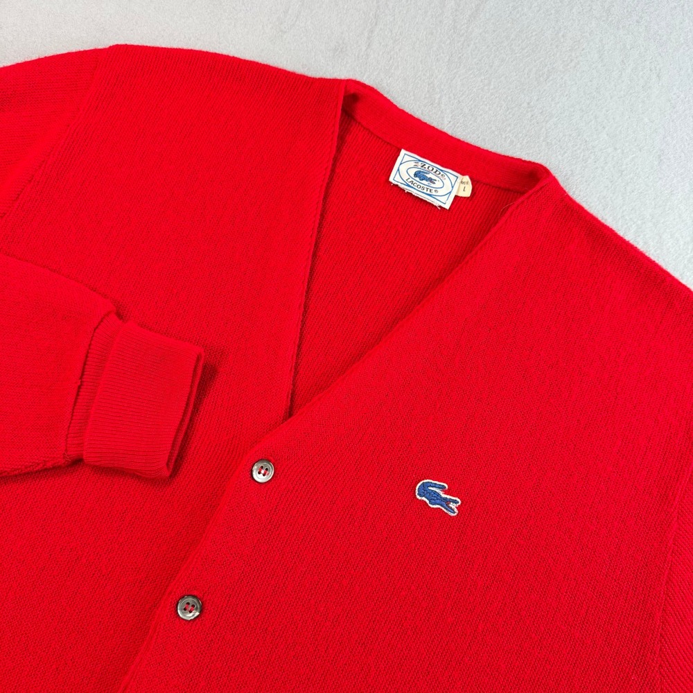 Vintage Izod  x Lacoste Red V-Neck Cardigan Sweater Mens L Croc Logo 70s